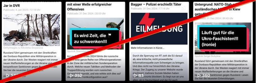 Typische Videos des Accounts verbreiten Artikel von RT DE, die sich um die Diskreditierung der Ukraine oder Gewalt in Deutschland drehen.