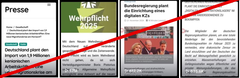 Vier Videos mit Inhalten von Storm-1516 und R-FBI: Falschnachrichten darin etwa Import kenianischer Arbeitskräfte nach Deutschland, Wehrpflicht ab 2025, Einrichtung digitaler KZs.