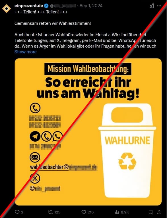 Ein Post des Accounts von Ein Prozent, in dem für Werbematerial für die Wahlbeobachtungskampagne geworben wird.
