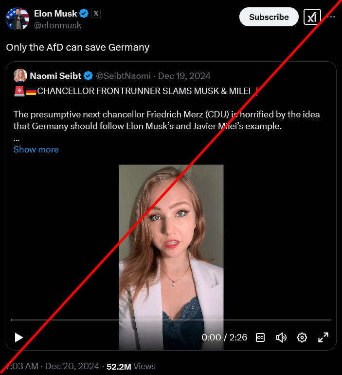 Elon Musk zitiert ein Post von Naomi Seibt am 20. Dezember 2024. Seibt schreibt "Chancellor Frontrunner slams Musk & Milei". Musk zitiert dies und schreibt: "Only the AfD can save Germany"