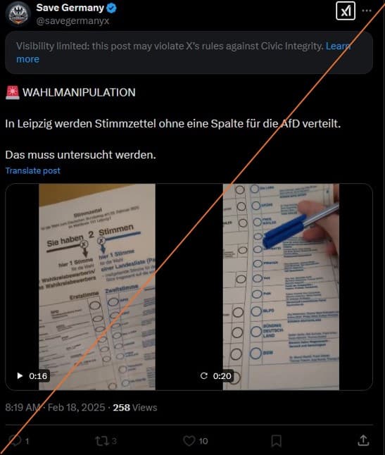 Post auf X mit der Falschbehauptung über Wahlbetrug in Leipzig